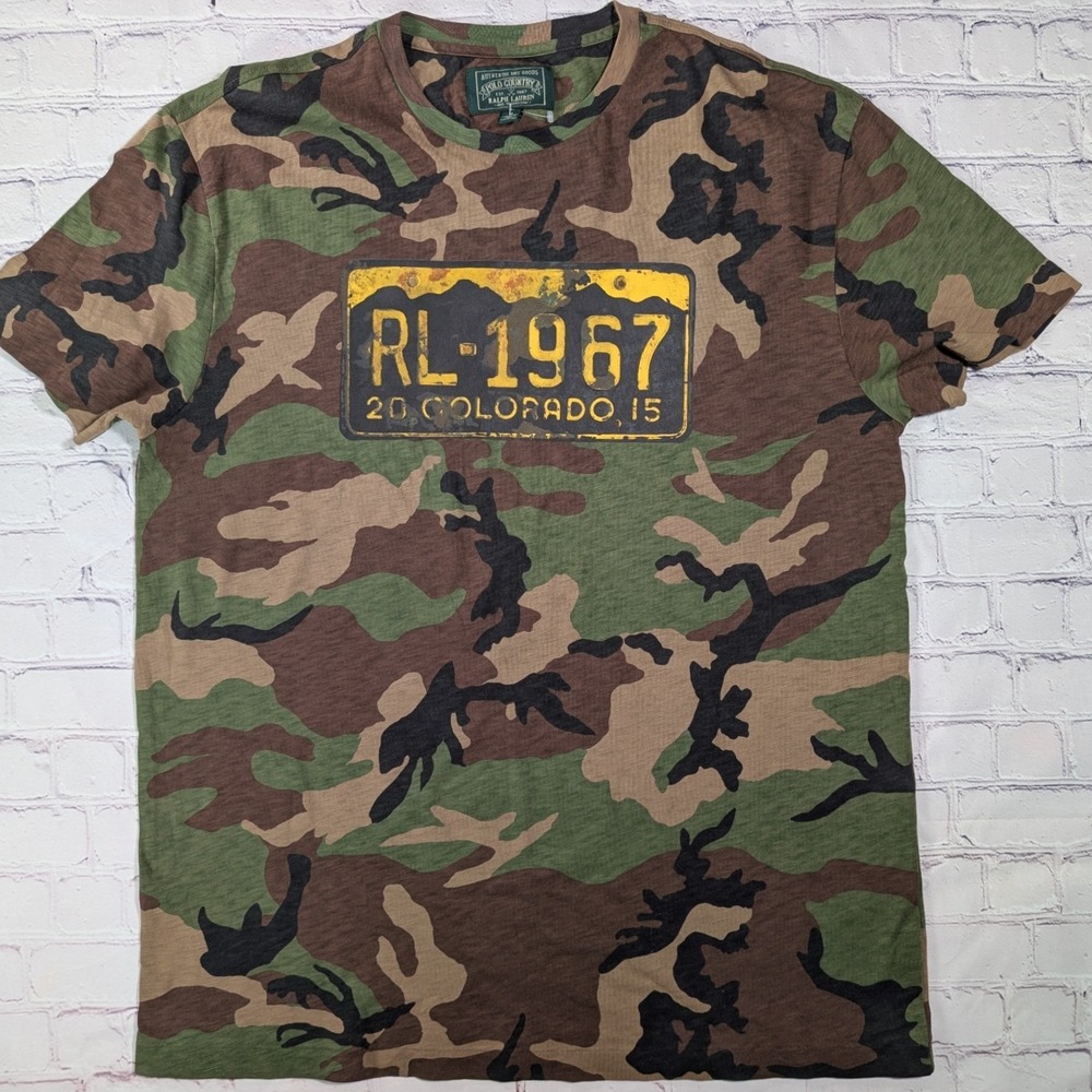 Polo Country Ralph Lauren T-Shirt Mens M Camo Cotton Colorado License Plate NWOT